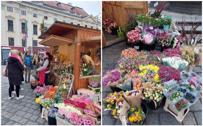 Indrės Pepcevičiūtės-Bogušienės nuotr./Gėlių kioskelis prie velykinio turgelio Vienoje