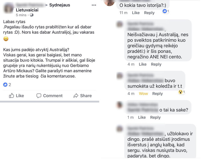 „Facebook“ nuotr./Merginos pasidalinta istorija Australijos lietuvių grupėje socialiniame tinkle