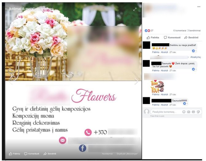 Užimtumo tarnybos atsiųsta inf./Socialiniame tinkle „Facebook“ mergina siūlo gėlių kompozicijas
