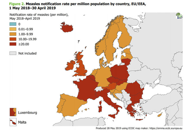 ecdc.europa.eu nuotr./Tymų atvejai Europoje