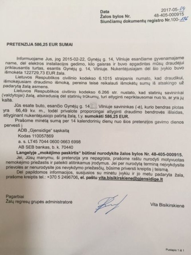 15min skaitytojo nuotr./„Gjensidige“ pretenzija Gynėjų g. 14 pastato gyventojai