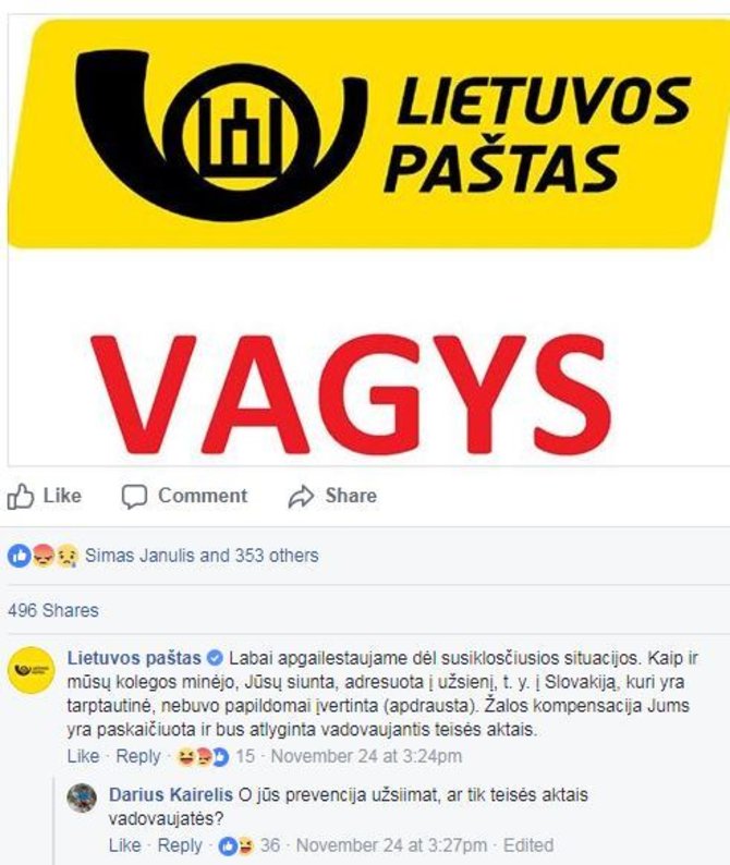 „Facebook“ nuotr./„Lietuvos pašto“ atsakymas socialiniame tinkle „Facebook“