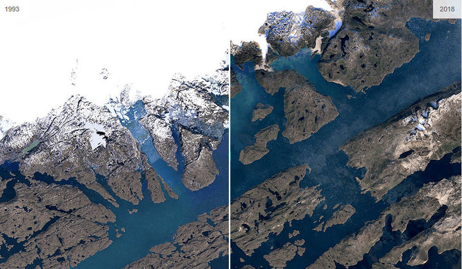 Google Earth nuotr. /Grenlandijos ledynai 1993 ir 2018 metais