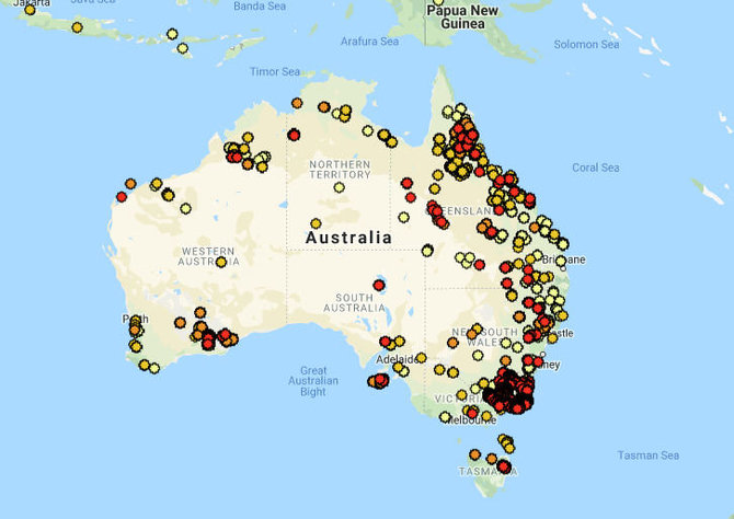 myfirewatch.landgate.wa.gov.au nuotr./Gaisrų Australijoje žemėlapis