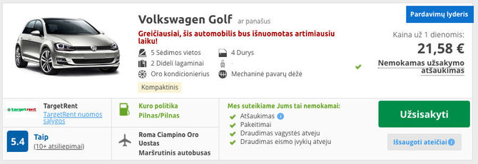 „Volkswagen Golf“ nuoma rentalcars.com puslapyje