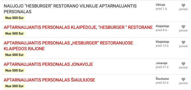 Darbo skelbimai „Hesburger“. Šaltinis: cvbankas.lt 