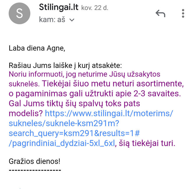 Internetinės parduotuvės „Stilingai“ atstovų žinutė Agnei