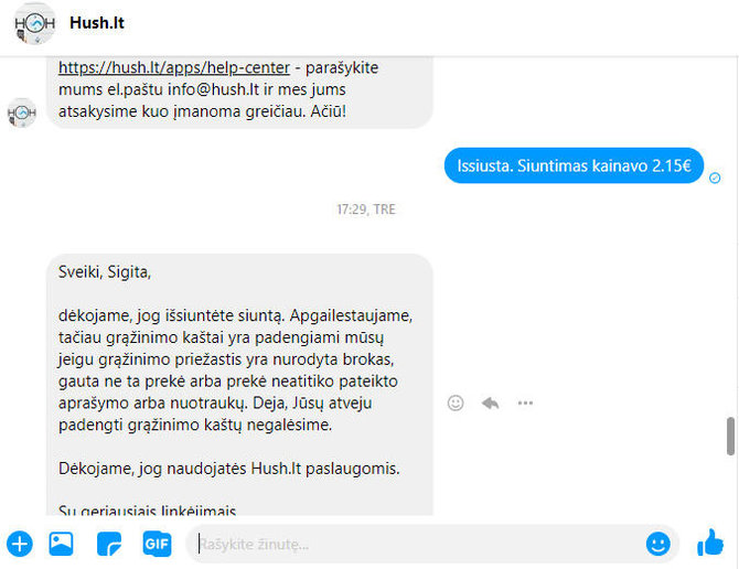 „Hush“ atstovų atsakymas klientei Sigitai / „Messenger“ nuotr.