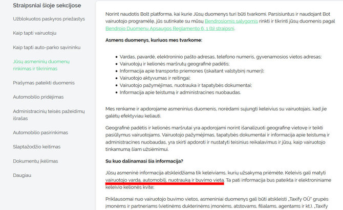 15min skaitytojo nuotr./ „Bolt“ asmeninių duomenų rinkimo ir tikrinimo skiltis