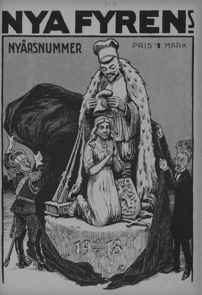 Suomijos nacionalinis archyvas/Suomijos žurnalo ,,Fyren” viršelis, vaizduojantis Rusiją, pripažįstančią Suomijos Nepriklausomybę. 1918 m. sausio mėn. 