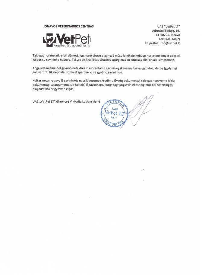 Jonavos veterinarijos centro „VetPet“ atsiųstas aiškinamasis raštas