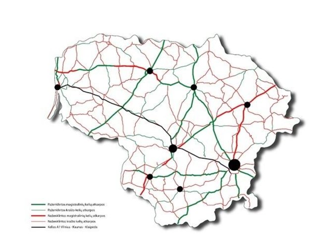 Bendrovės nuotr./Keliai (pažymėta žaliai), kuriuose horizontaliosios ženklinimo linijos jau atnaujintos