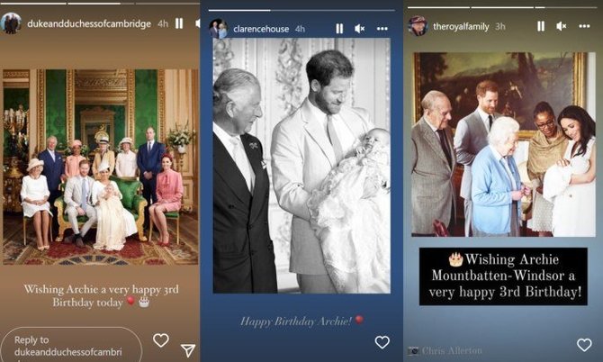 Ekrano nuotr./Britų karališkoji šeima princo Harry ir Meghan Markle sūnų Archie trečiojo gimtadienio proga pasveikino įrašu „Instagram story“