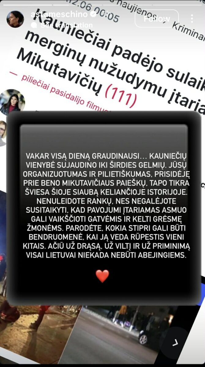 Ekrano nuotr./Astos Meschino žinutė po Beno Mikutavičiaus sulaikymo