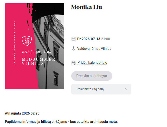 Ekrano nuotr./Atšauktas Monikos Liu koncertas festivalyje „Midsummer Vilnius“