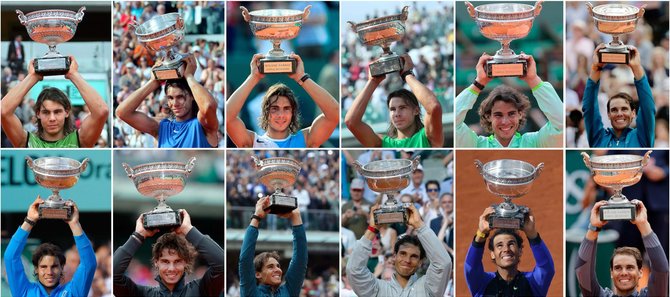 AFP/„Scanpix“ nuotr./Visi dvylika Rafaelio Nadalio laimėtų „Roland Garros“ trofėjų