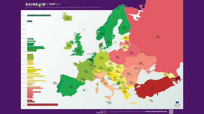 Vaivorykštės žemėlapis 2021 / ILGA-Europe nuotr.