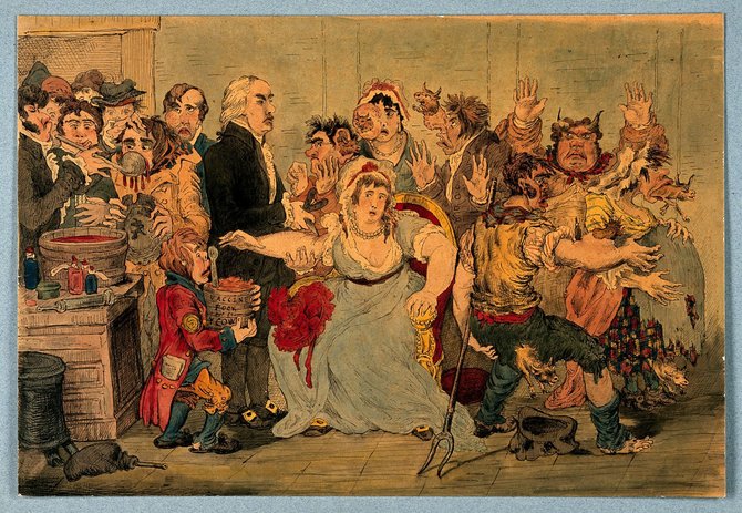 1802 metų karikatūra, kurioje vaiztuojamas pacientus skiepijantis E.Jenneris – paskiepyti pacientai įgauna karvių bruožų