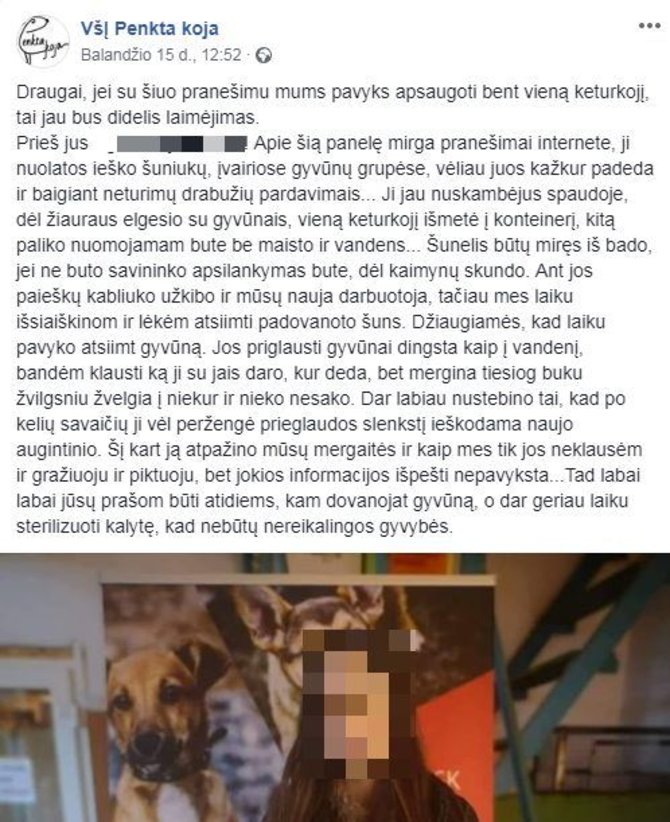 „Facebook“ nuotr./VŠĮ „Penkta koja“ paskelbtas pranešimas