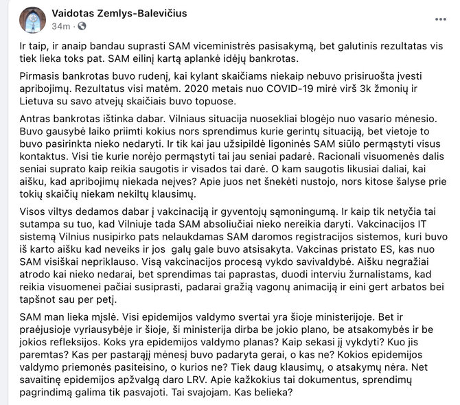 ekrano nuotr./Sveikatos ekspertų tarybą palikęs V.Zemlys-Balevičius negaili kritikos: „SAM man lieka mįslė“