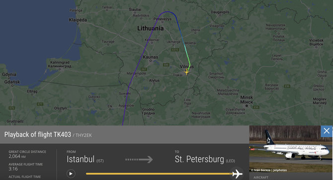 Flightradar24 ekrano nuotr./Vilniuje leidosi iš Turkijos į Rusiją skridęs lėktuvas