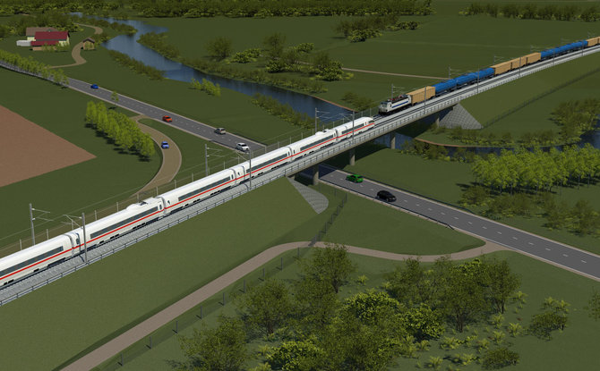 „Rail Baltica“ vizualizacija /2026 m. Planuojama, kad iš Kauno europine linija keliausime tiek Latvijos, tiek Lenkijos kryptimis