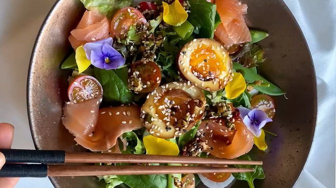 Photo by RIMI/Salmon salad with pickled eggs and fresh vegetables