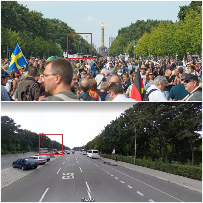 15min.lt koliažas/Protesto vieta. Raudonu kvadratu pažymėta skulptūra „Der Rufer“, esanti netoli Brandenburgo vartų. Tolumoje – Berlyno pergalės kolona