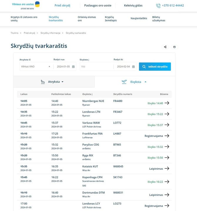 Vilniaus oro uosto tinklalapio nuotr./Vėluojantys skrydžiai