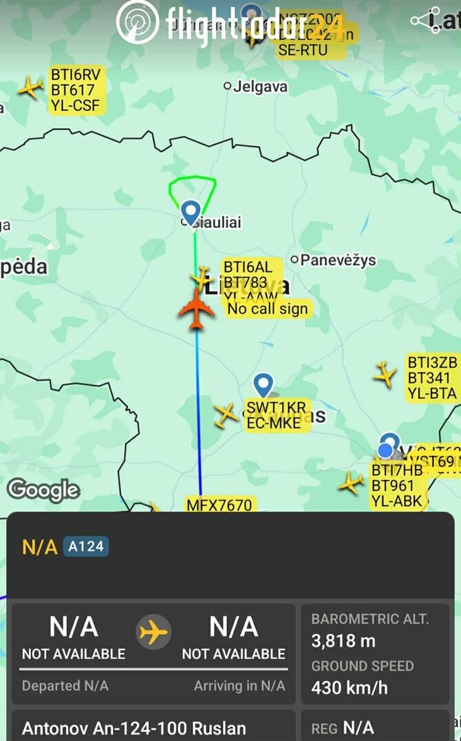 Flightradar24.com/Šiauliuose pastebėtas „An-124 Ruslan“ lėktuvas