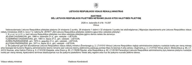 VRM įsakymo kopija/NBA dirbantis olimpinis bronzininkas Alvydas Pazdrazdis neteko Lietuvos pilietybės
