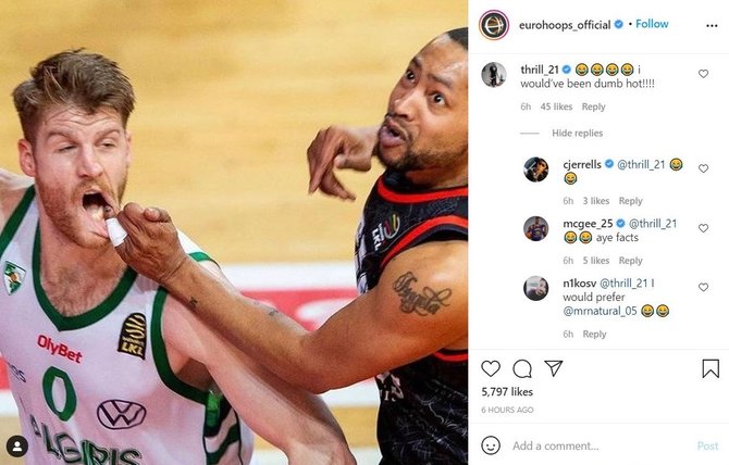 „Eurohoops“ „Instagram“/Europos krepšinio žvaigždės aptarinėja kadrą iš LKL rungtynių