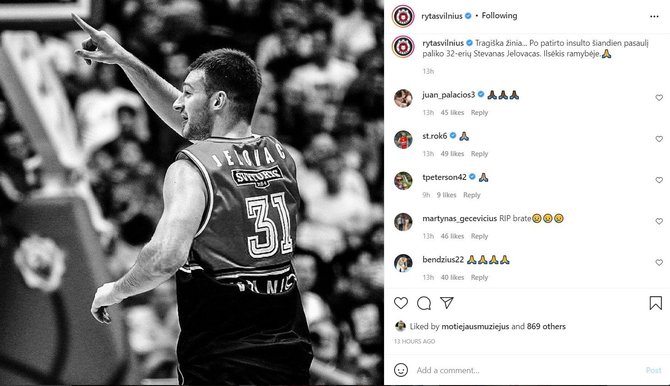 „Instagram“ nuotr./Vilniaus „Ryte“ žaidusių krepšininkų užuojauta po Stevano Jelovaco mirties