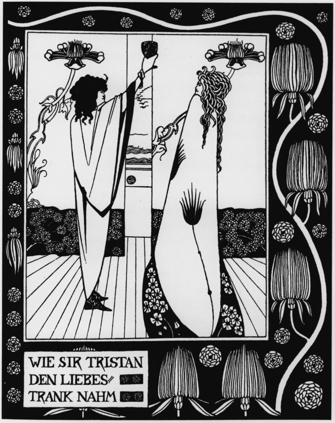 „Scanpix“ nuotr./„Kaip seras Tristramas gėrė meilės gėrimą“ (angl. „How Sir Tristram drank of the love drink“), Aubrey Beardsley, 1893 metai