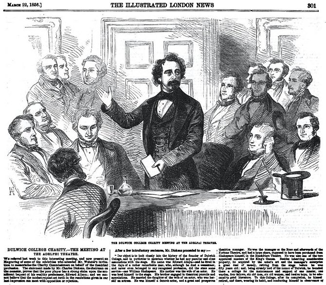The Illustrated London News / Wikipedia Commons nuotr./Charlesas Dickensas pirmininkauja labdaros susirinkimui, kuriame aptariama Dievo dovanų koledžo ateitis, 1856 metai