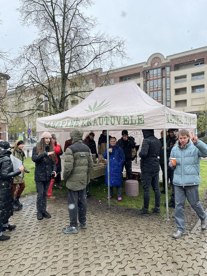 Justo Rudžiansko nuotr./Prie Seimo keliasdešimt asmenų dalyvavo protesto akcijoje, skirtoje palaikyti už prekybą kanapių produktais nuteistą M.Simanyną