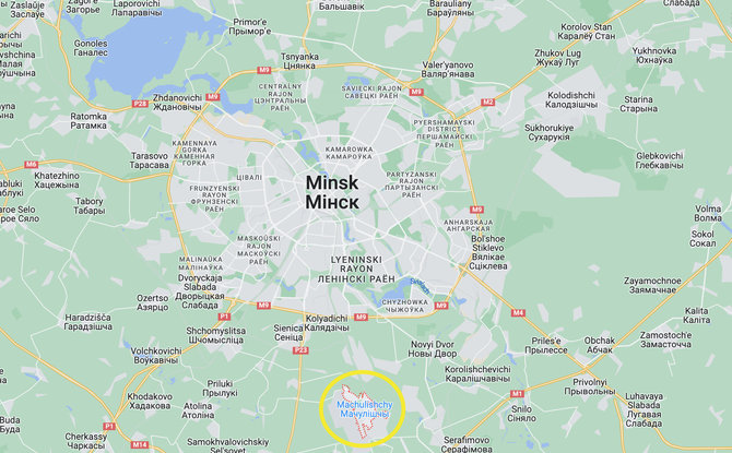 „Google Maps“ ekrano nuotr./Mačiuliškių aerodromas Baltarusijoje, esantis apie 12 km nuo sostinės Minsko