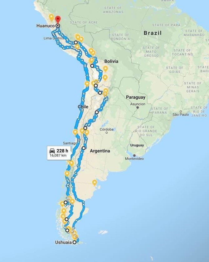 Iš asmeninės paskyros feisbuke/Kelionės per Pietų Ameriką maršrutas