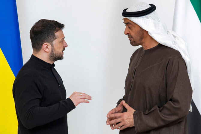 AFP/ „Scanpix“/Volodymyras Zelenskis, Mohamedas bin Zayedas al Nahyanas