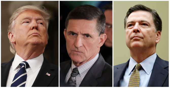 „Reuters“/„Scanpix“ nuotr./D.Trumpas. M.Flynnas ir J.Comey