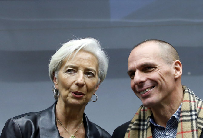 „Reuters“/„Scanpix“ nuotr./Tarptautinio valiutos fondo (TVF) vadovė Christine Lagarde ir Graikijos finansų ministras Yanis Varoufakis