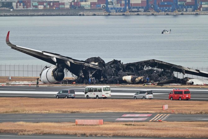 AFP/„Scanpix“ nuotr./Tokijo oro uoste sudegė „Japan Airlines“ keleivinis lėktuvas