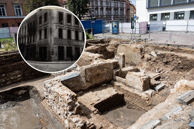 15min koliažas iš Pauliaus Peleckio ir Vilniaus regioninio valstybės archyvo nuotraukų/Vokiečių gatvėje atrastos svarbaus pastato liekanos