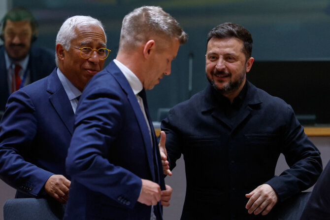 AFP/ „Scanpix“/Volodymyras Zelenskis, Peteris Magyaras, Antonio Costa
