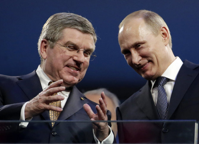 „Scanpix“ nuotr./Thomas Bachas ir Vladimiras Putinas per Sočio olimpines žaidynes.