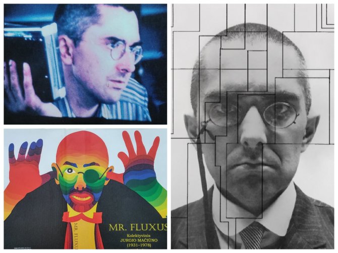 Jurgio Mačiūno nuotraukų koliažas: kadras iš Jono Meko filmo, knygos „Mr.Fluxus“ viršelis ir kadras iš filmo „George: Jurgio Mačiūno ir Fluxus istorija“