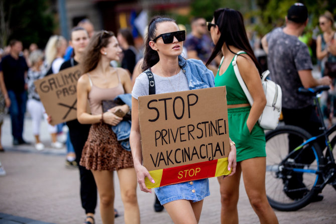 Vidmanto Balkūno / 15min nuotr./Prie Seimo vyksta protestas dėl planuojamo Vyriausybės ribojimų neturintiems Galimybių paso