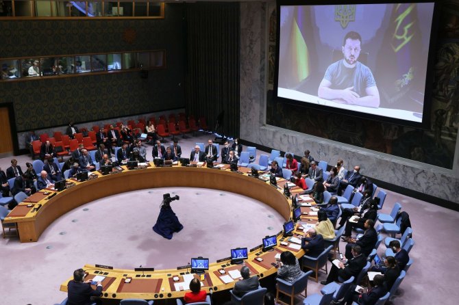 AFP/„Scanpix“ nuotr./Volodymyro Zelenskio kreipimasis į Jungtinių Tautų Saugumo Tarybą