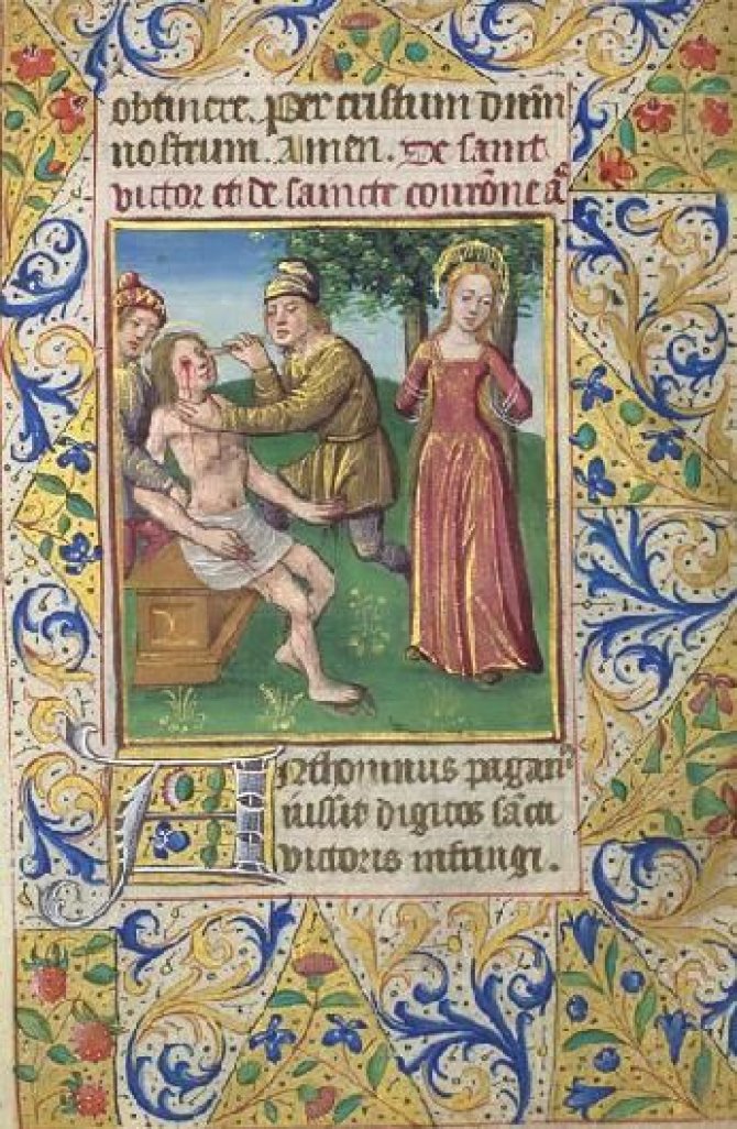 Wikimedia Commons pav./1480 m. miniatūra, rodanti Viktoro ir Koronos kankinystę