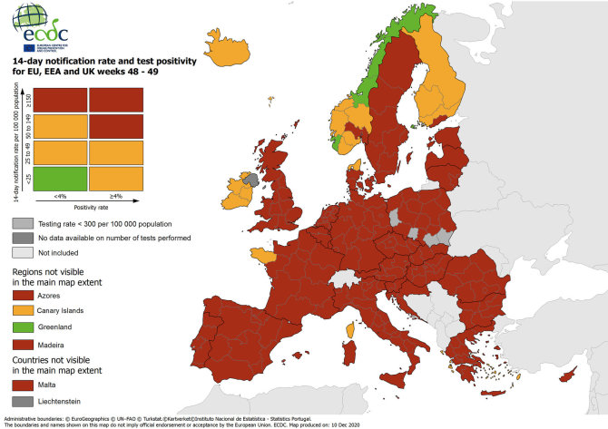 ECDC iliustr./ES šalių suskirstymas pagal spalvas. Gruodžio 10 d.